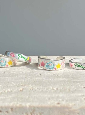 彩绘圣诞树戒指女小众设计个性布偶娃娃可爱小恐龙开口食指环