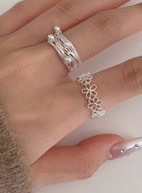 甜美镂空花朵戒指女温柔气质珍珠优雅S925镀银开口指环时尚食指戒