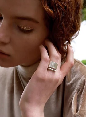 磨砂哑光宽边戒指女流苏链条米粒珠子S925镀银开口指环网红食指戒