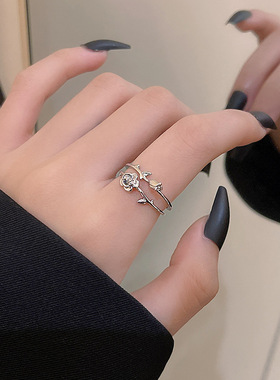 双层玫瑰花朵戒指女荆棘甜酷叠戴气质S925银开口指环树叶食指戒潮