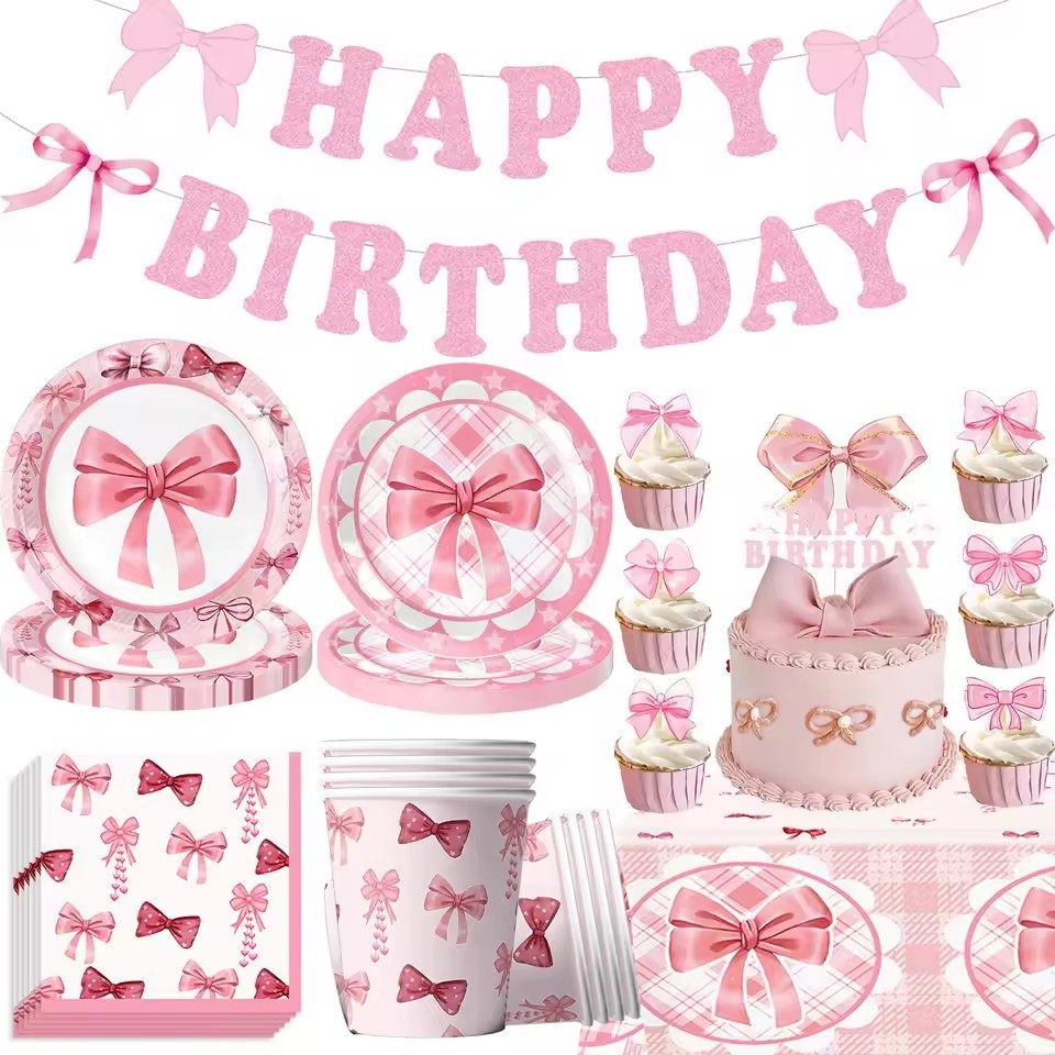 粉色蝴蝶结主题女孩生日派对装饰一次性餐具纸盘纸杯纸巾桌布套装