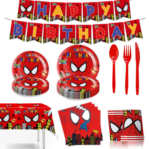 Spiderman 蜘蛛侠派对用品超级英雄生日餐具纸盘拉旗气球装饰