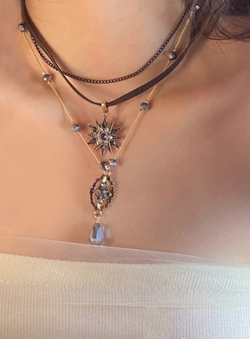 复古多层叠戴项链哥特小众设计感choker皮质新款锁骨链巴洛克颈链