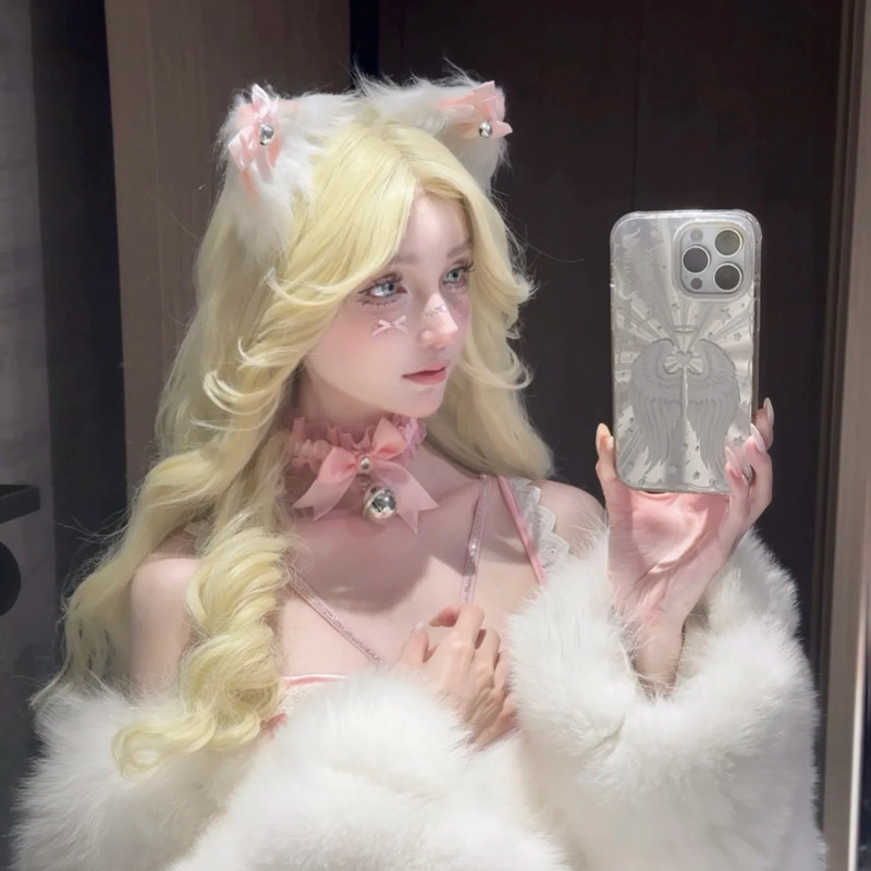 蝴蝶结铃铛项链猫耳项圈女小众独特脖颈带高级感锁骨链粉色配饰