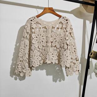 法式钩花镂空针织开衫女秋波西米亚度假风长袖披肩防晒上衣外套潮