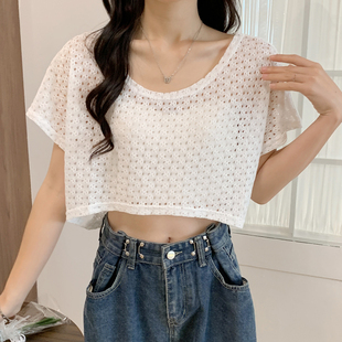 小罩衫夏季配吊带蝙蝠袖镂空短款外穿女蕾丝防晒套头网纱薄上衣