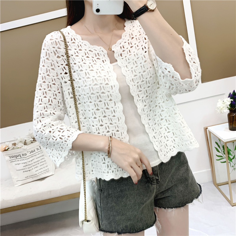 针织开衫小外套蕾丝度假防晒衫短款薄款空调衫花边宽松镂空披肩女