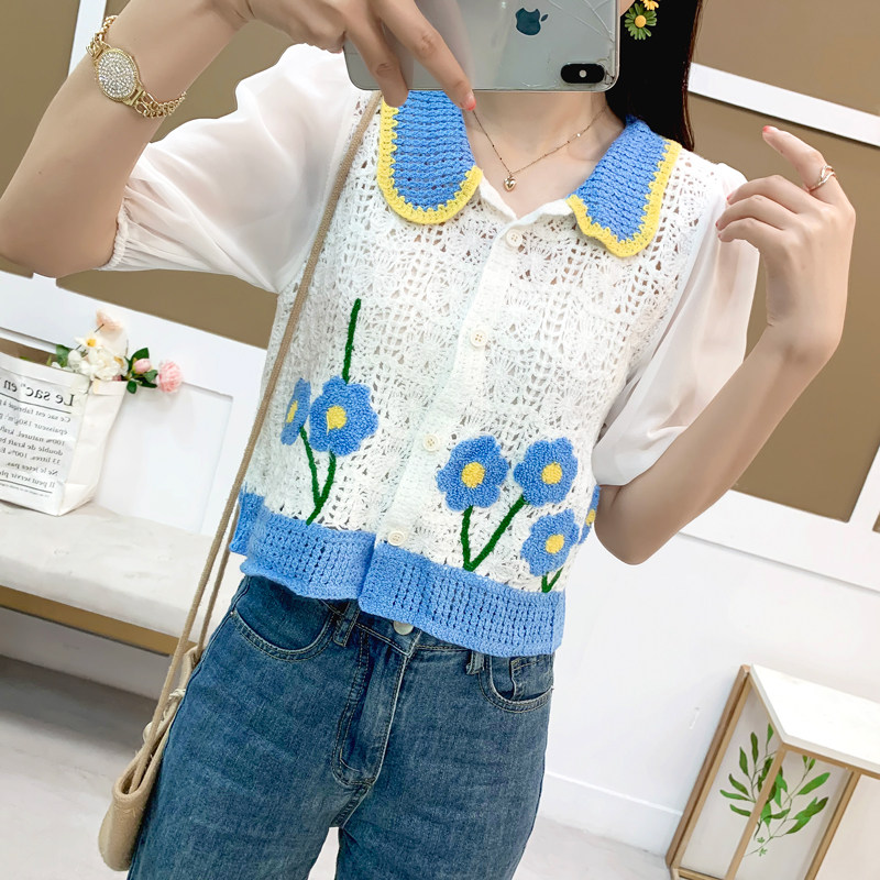 【孤品】2025春夏新款小个子短款上衣设计感小众钩花短袖雪纺衬衫