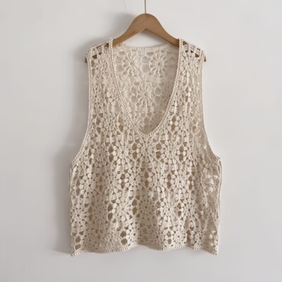 法式复古镂空钩花针织短背心