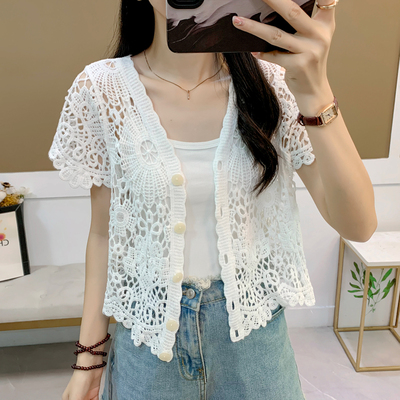 钩花镂空开衫搭女小吊带夏设计感短袖蕾丝衫V领外搭外穿上衣短款