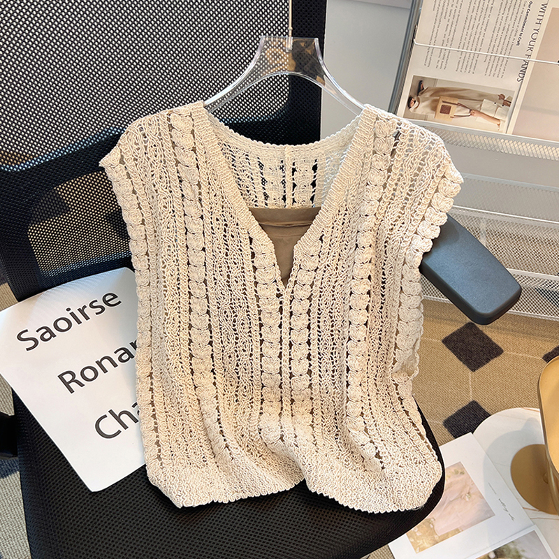 复古钩花镂空无袖马甲背心针织衫女夏季V领宽松短款棉质外搭上衣