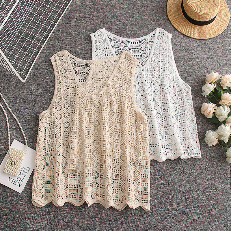 针织镂空吊带外穿背心女宽松复古小个子时尚蕾丝网衫套头外搭上衣