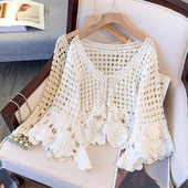 套头系带罩衫 喇叭袖 显瘦百搭上衣 女2025夏季 慵懒风镂空钩花针织衫