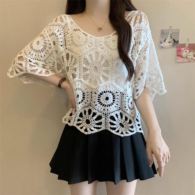 夏季新款小个子镂空吊带罩衫T恤钩花韩版慵懒风宽松针织衫上衣女
