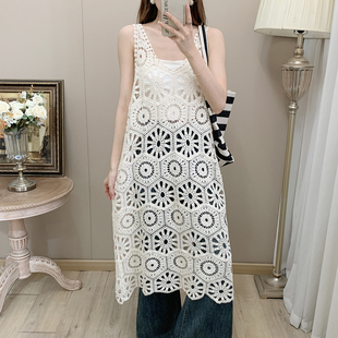 大码女法式小众设计感吊带套头针织连衣裙胖mm镂空裙子度假风上衣