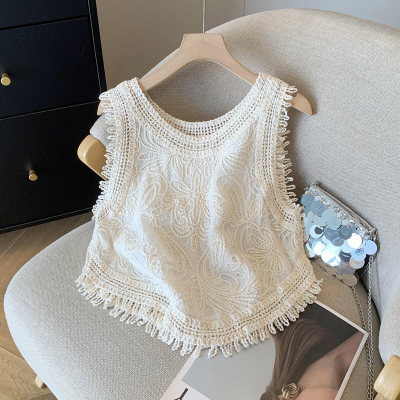 法式复古圆领镂空无袖流苏背心女夏季短款高级感气质外穿罩衫上衣