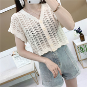 新款 气质开衫 法式 蕾丝衬衫 2025夏季 V领短袖 很仙 宽松镂空短款 女