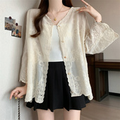 上衣 女2025夏宽松减龄小个子开衫 针织钩花镂空棉麻七分袖 刺绣衬衫