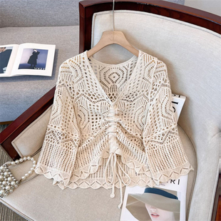 波西米亚钩花镂空针织衫V领短款女夏小众外搭罩衫不规则抽绳上衣