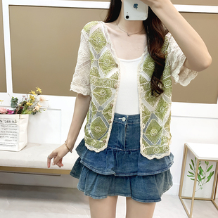 冰丝短袖衬衫女夏修身正肩短款钩花镂空多巴胺民族风上衣服小个子