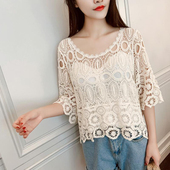 外穿蕾丝罩衫 女2025夏半袖 韩版 薄款 宽松短款 镂空针织钩花外搭上衣