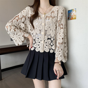 早秋钩花镂空针织开衫女新款波西米亚慵懒风长袖披肩防晒上衣外套