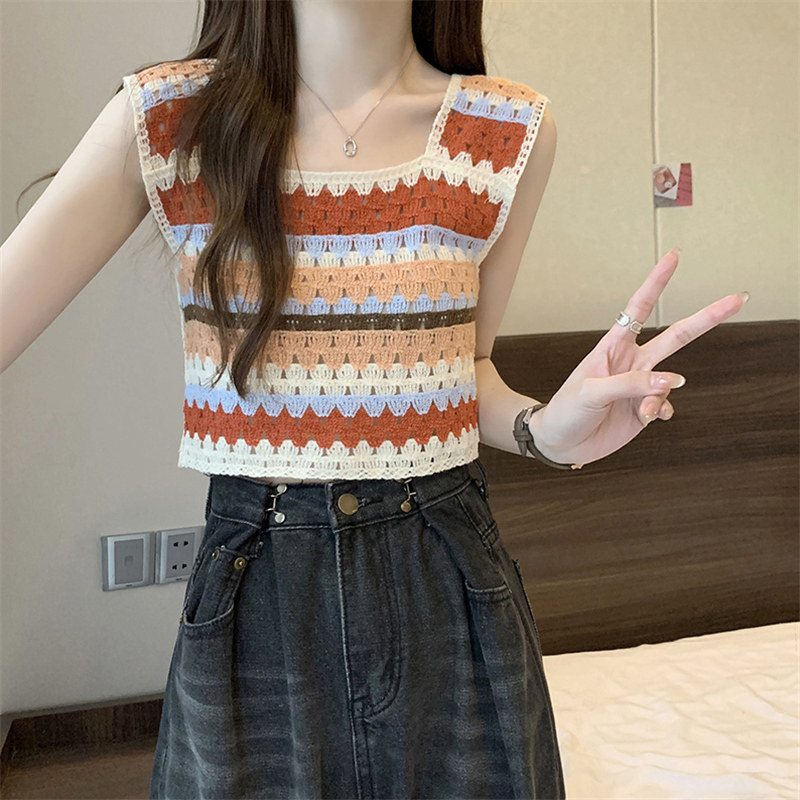 【孤品】度假风撞色彩虹条吊带背心女夏季新款镂空设计感短款上衣