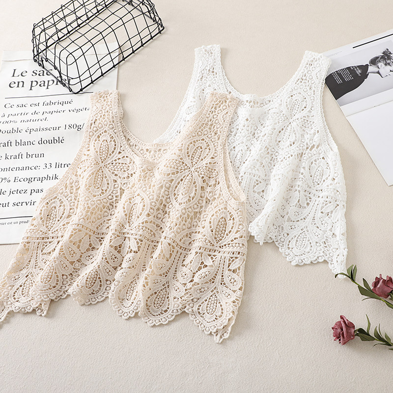 针织马甲森系文艺罩衫复古钩花宽松镂空套头背心u领无袖百搭上衣