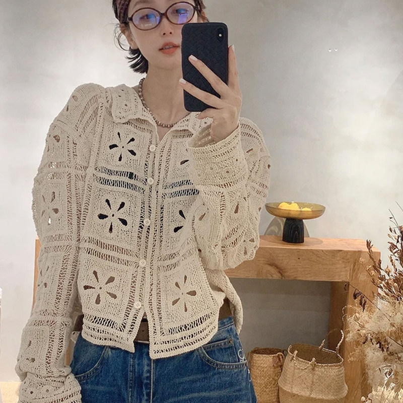 韩系早秋穿搭镂空针织开衫外套女2025设计感巨好看慵懒风宽松上衣