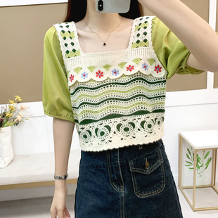 钩花短款假两件拼接衬衫女夏季2026新款韩版设计感方领短袖小衬衣