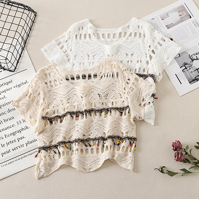 慵懒风钩花镂空短袖针织衫女夏季宽松外搭罩衫设计感流苏无袖上衣