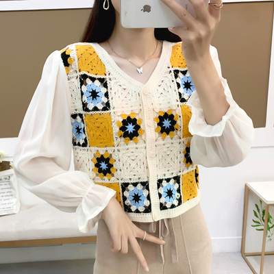 钩花镂空蕾丝衬衫女短款雪纺上衣