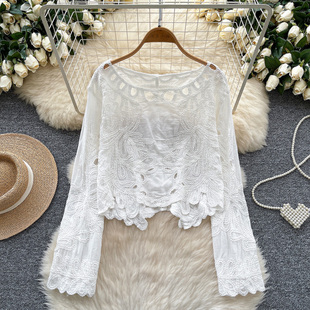 设计感小众镂空刺绣钩花针织长袖 法式 上衣 女2025新款 洋气百搭衬衫
