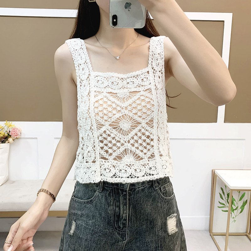 2025 夏季短款露脐绣花小背心百搭洋气镂空钩花简约叠穿吊带女上