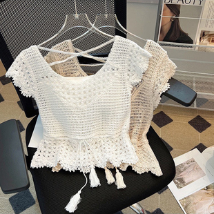 镂空钩花小个子短袖设计感针织衫夏季新款马甲罩衫短款别致上衣女