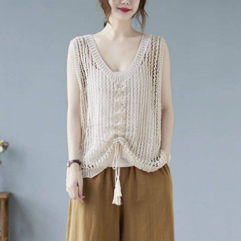 吊带背心女夏季针织镂空钩花小个子时尚外搭套头圆领网衫马甲上衣