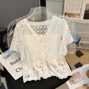 开衫 上衣女薄短款 小外套针织短袖 钩花镂空披肩春夏配裙子