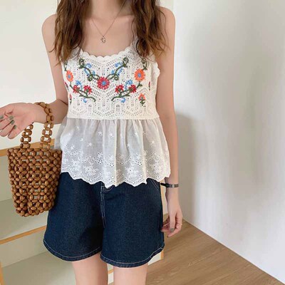 韩版复古勾花镂空针织小吊带