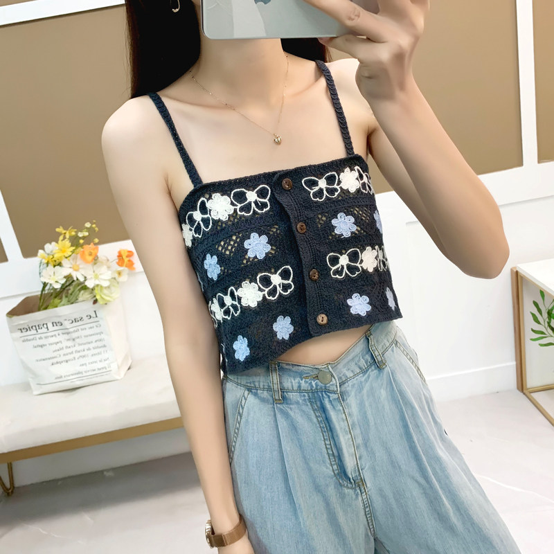 2025夏新款港风针织镂空小背心百搭叠穿设计感小众勾花外搭吊带女