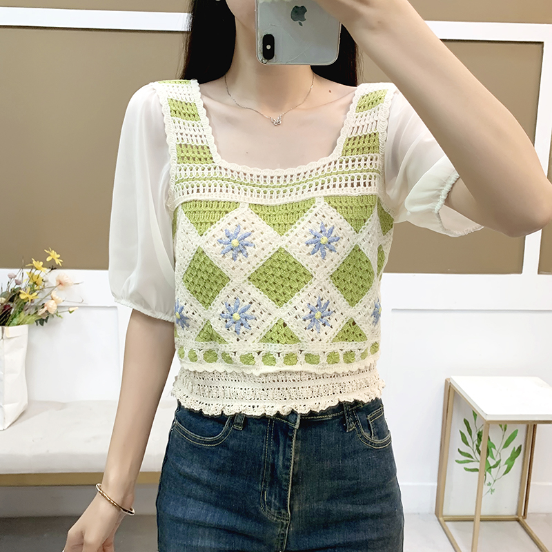 绣花针织假两件短袖衬衫女
