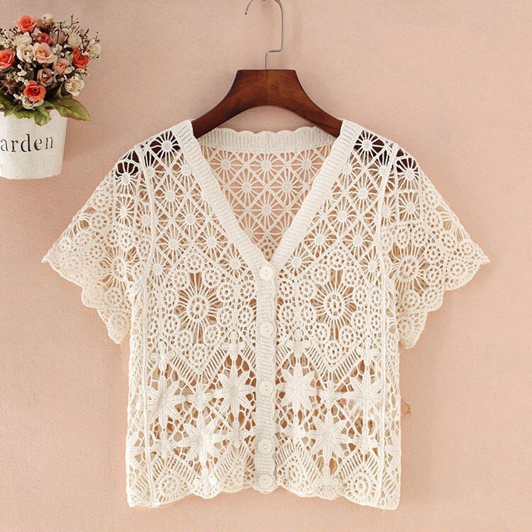 夏季镂空薄款针织短袖开衫女