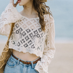 春夏镂空罩衫短款露腰海边度假风防晒衫长袖波西米亚套头外搭上衣