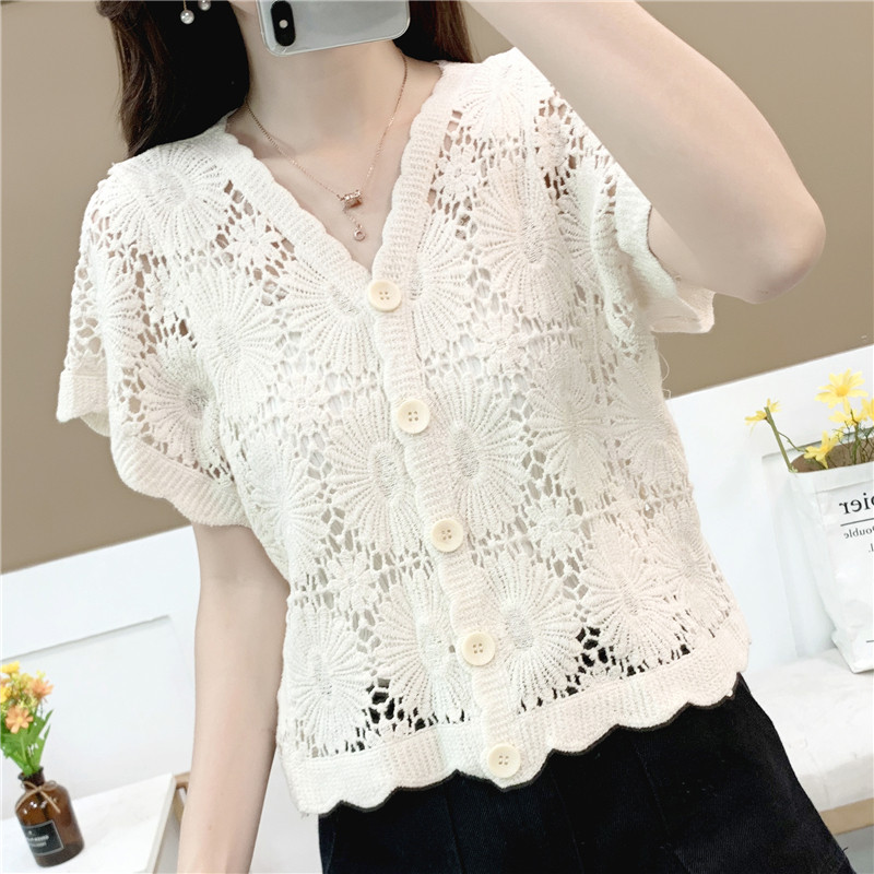 洋气镂空短袖开衫外套女针织衫薄款夏季2025新款百搭短款打底上衣