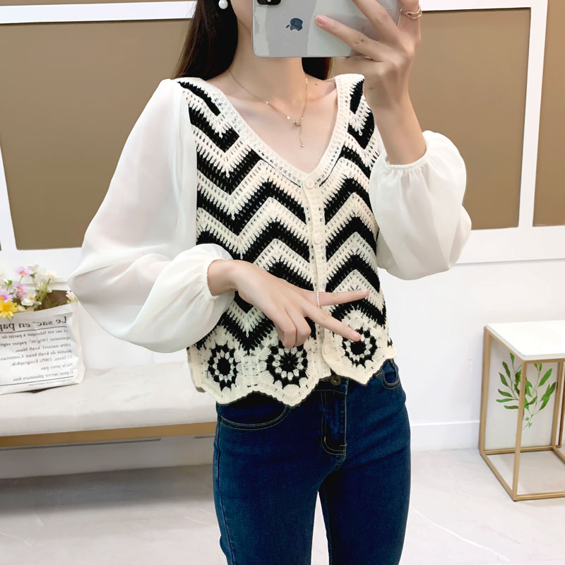 法式温柔上衣早秋开衫女短款镂空