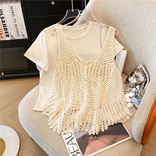 夏季甜美蕾丝针织钩花镂空吊带背心罩衫外搭无袖马甲叠穿短款上衣