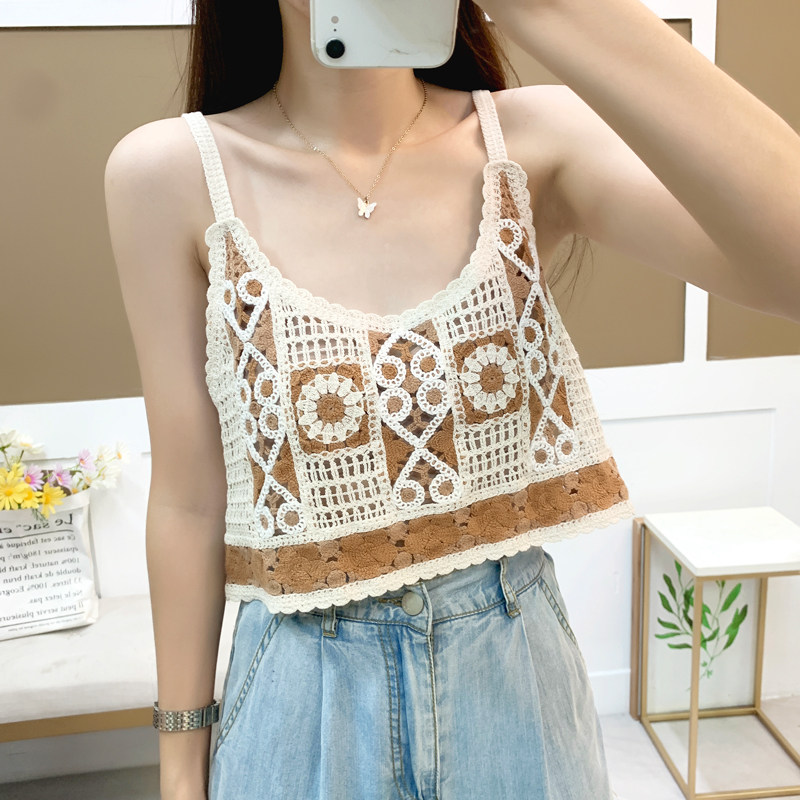 春夏新款复古民族风针织钩花镂空吊带宽松马甲百搭外穿背心上衣女