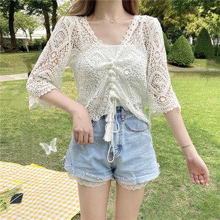 洋气套头披肩上衣外搭针织罩衫 抽绳V领镂空蕾丝衫 女2025春夏新款