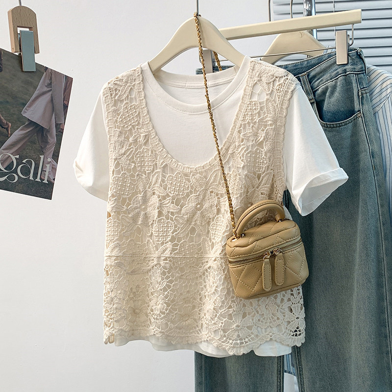韩系潮流钩花镂空蕾丝背心女夏季外穿无袖罩衫针织外搭短款马甲潮