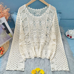 针织衫女夏钩花镂空外搭圆领度假风上衣小个子防晒薄款空调衫罩衫