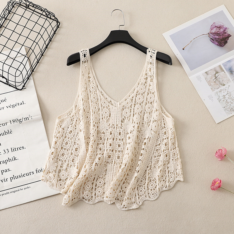 民族风复古缕空钩花针织吊带背心女夏季v领宽松遮肚无袖外搭上衣